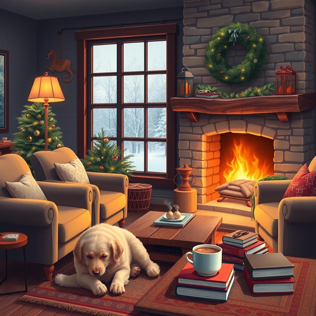 A cozy living room scene with a warm fireplace, featuring plush armchairs and a rustic coffee table