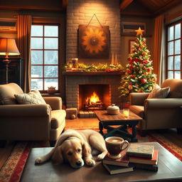 A cozy living room scene with a warm fireplace, featuring plush armchairs and a rustic coffee table