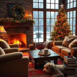 A cozy living room scene with a warm fireplace, featuring plush armchairs and a rustic coffee table
