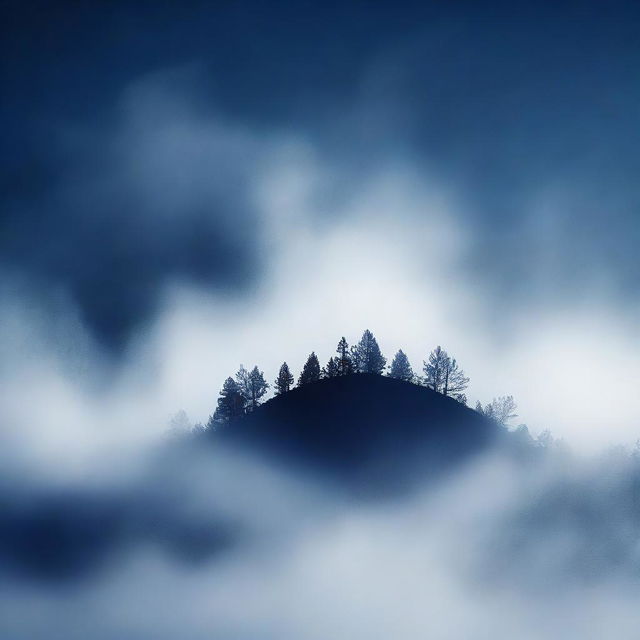 Imagine a dark navy blue background, with a layer of fog at the bottom, and elements to represent a pleasant smell forming the focal point of the image, all mixed together to form a creative, unique and realistic design