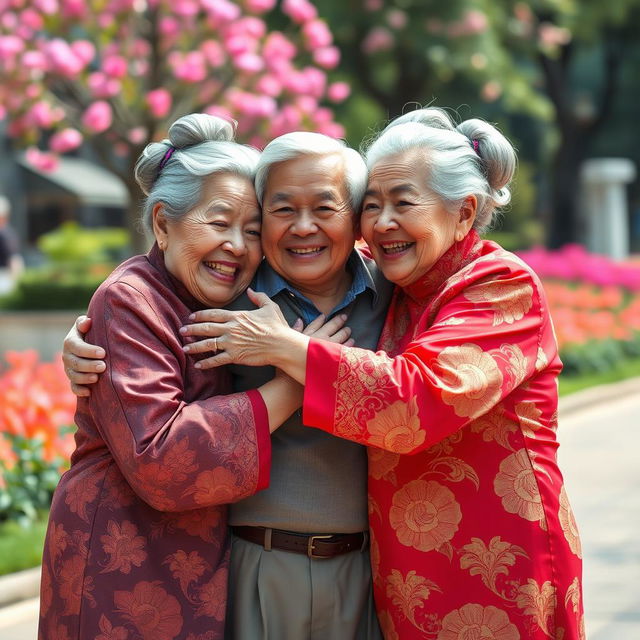 Two very tall, elderly Chinese women with wrinkled skin are joyfully hugging a younger man