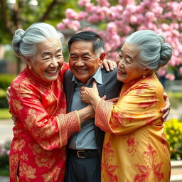 Two very tall, elderly Chinese women with wrinkled skin are joyfully hugging a younger man