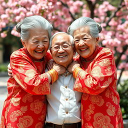 Two very tall, elderly Chinese women with wrinkled skin are joyfully hugging a younger man