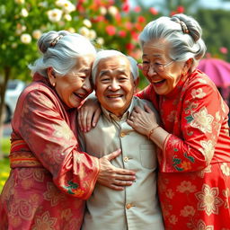 Two very tall, elderly Chinese women with wrinkled skin are joyfully hugging a younger man