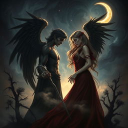 A dramatic, enchanting scene depicting Samael and Lilith in a mystical setting