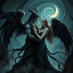 A dramatic, enchanting scene depicting Samael and Lilith in a mystical setting