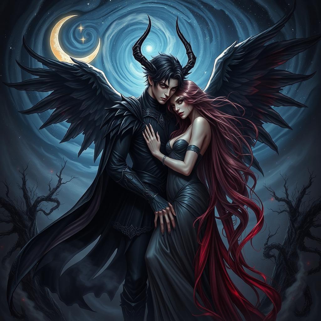 A dramatic, enchanting scene depicting Samael and Lilith in a mystical setting