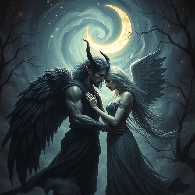 A dramatic, enchanting scene depicting Samael and Lilith in a mystical setting