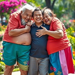 Two very tall, old and wrinkly Chinese grannies wearing colorful shorts, joyfully hugging a much younger man