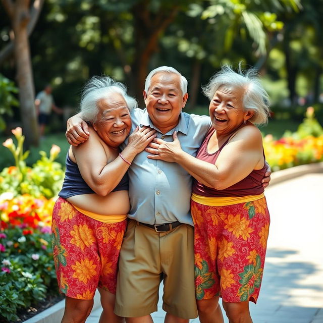 Two very tall, old and wrinkly Chinese grannies wearing colorful shorts, joyfully hugging a much younger man