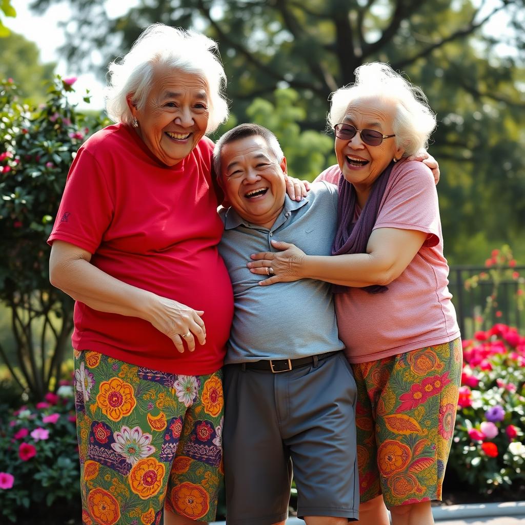 Two very tall, old and wrinkly Chinese grannies wearing colorful shorts, joyfully hugging a much younger man