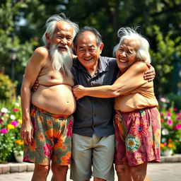 Two very tall, old and wrinkly Chinese grannies wearing colorful shorts, joyfully hugging a much younger man