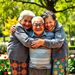 Two very tall, old, wrinkly Chinese grannies playfully hugging a much younger man