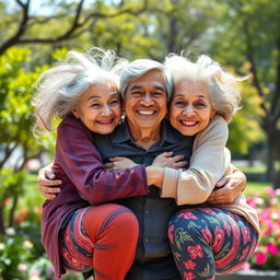 Two very tall, old, wrinkly Chinese grannies playfully hugging a much younger man