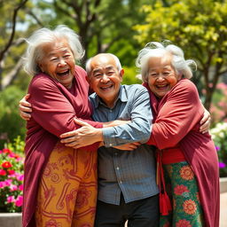 Two very tall, old, wrinkly Chinese grannies playfully hugging a much younger man