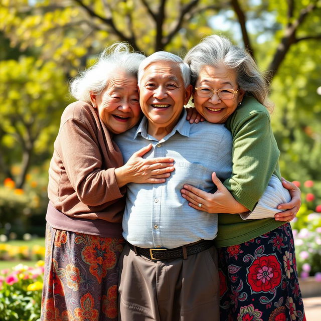 Two very tall, old, wrinkly Chinese grannies playfully hugging a much younger man