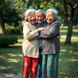 Two very tall old Chinese grannies wearing colorful leggings, embracing a much younger man around 25 years old