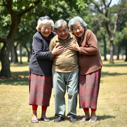 Two very tall old Chinese grannies wearing colorful leggings, embracing a much younger man around 25 years old
