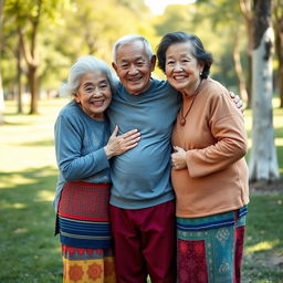 Two very tall old Chinese grannies wearing colorful leggings, embracing a much younger man around 25 years old