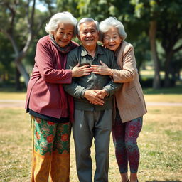 Two very tall old Chinese grannies wearing colorful leggings, embracing a much younger man around 25 years old