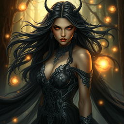 A captivating representation of Lilith, depicted as a powerful and ethereal figure with long flowing dark hair and striking red eyes