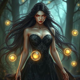 A captivating representation of Lilith, depicted as a powerful and ethereal figure with long flowing dark hair and striking red eyes