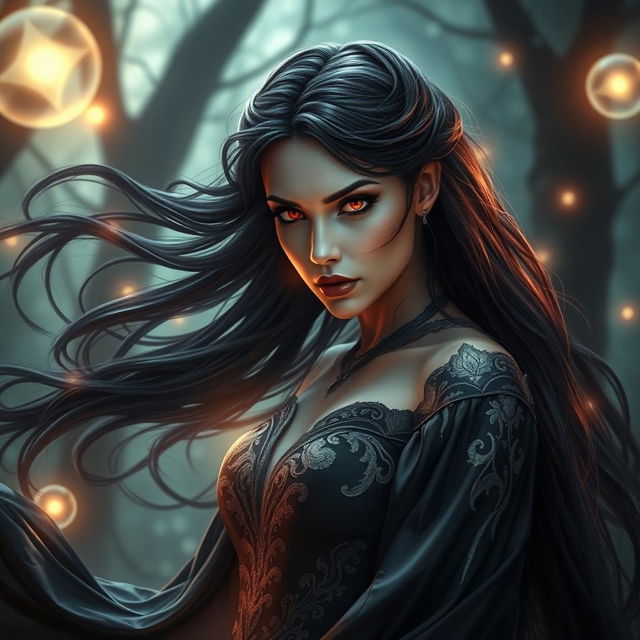 A captivating representation of Lilith, depicted as a powerful and ethereal figure with long flowing dark hair and striking red eyes