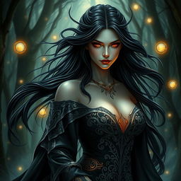 A captivating representation of Lilith, depicted as a powerful and ethereal figure with long flowing dark hair and striking red eyes