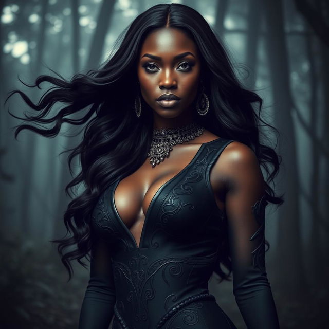 A striking portrait of a black woman embodying the essence of Lilith, the mythological figure