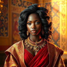 A stunning interpretation of the Queen of Sheba, portrayed as a captivating black woman exuding elegance and regality