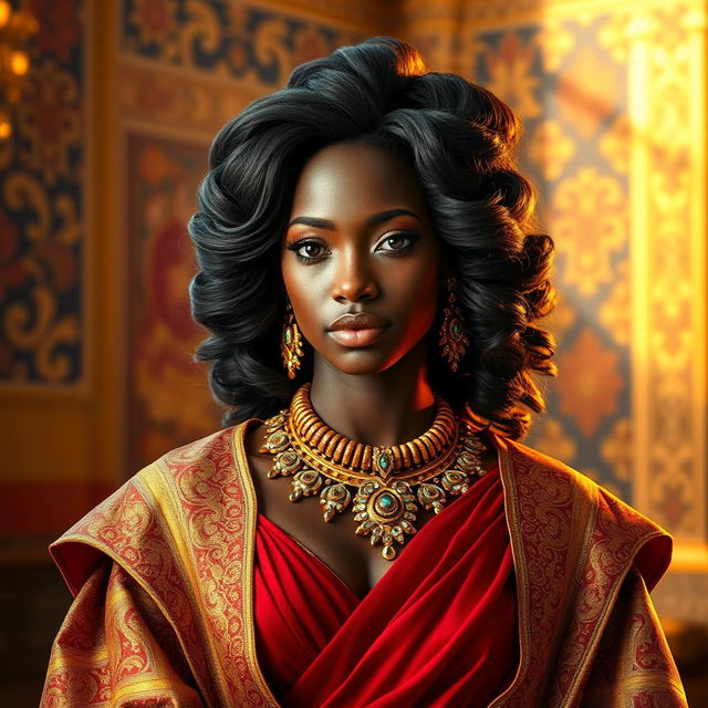 A stunning interpretation of the Queen of Sheba, portrayed as a captivating black woman exuding elegance and regality