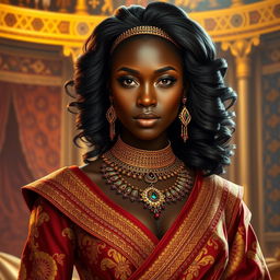 A stunning interpretation of the Queen of Sheba, portrayed as a captivating black woman exuding elegance and regality