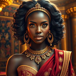 A stunning interpretation of the Queen of Sheba, portrayed as a captivating black woman exuding elegance and regality