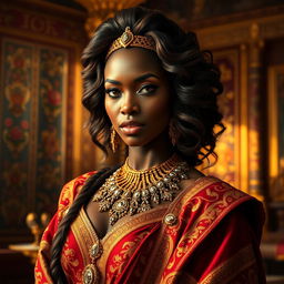 A stunning interpretation of the Queen of Sheba, portrayed as a captivating black woman exuding elegance and regality