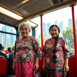 Two very tall elderly Chinese grandmothers wearing colorful leggings, standing inside a bustling city bus