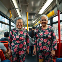 Two very tall elderly Chinese grandmothers wearing colorful leggings, standing inside a bustling city bus