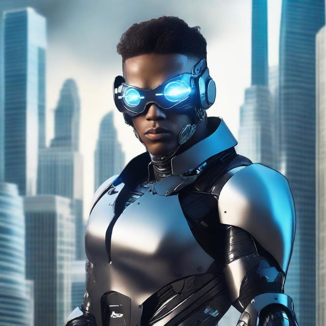 A futuristic cyborg with a prominent eye patch, against a dystopian cityscape backdrop.