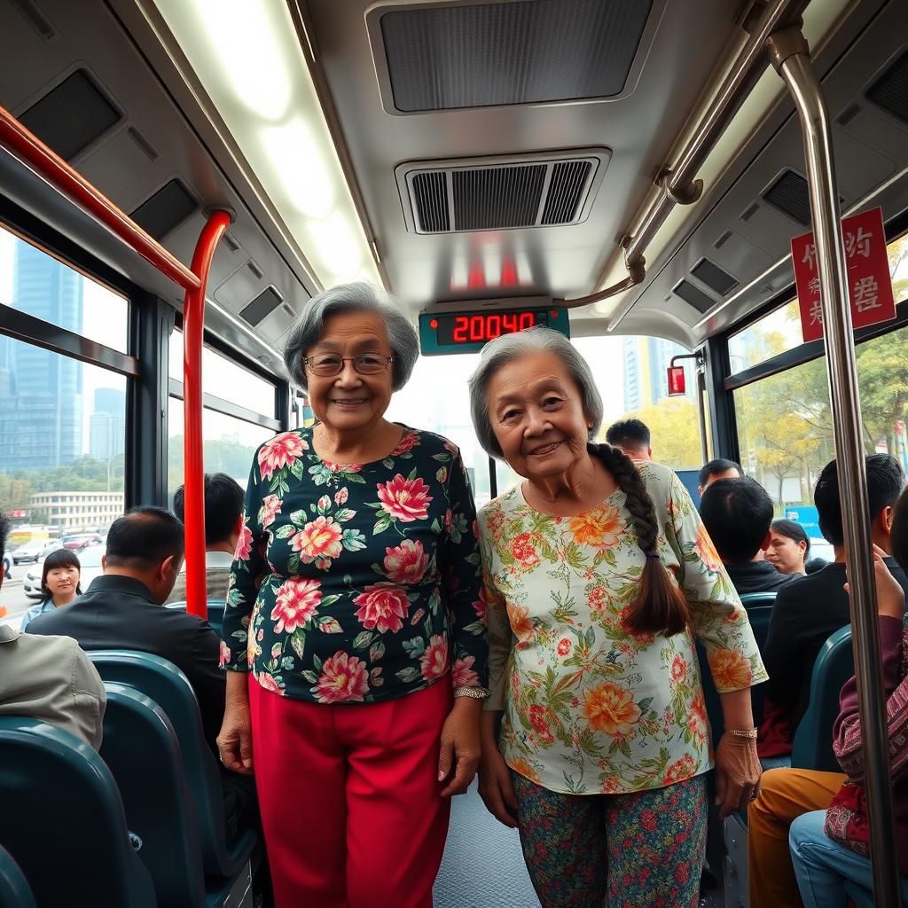 Two very tall elderly Chinese grandmothers wearing colorful leggings, standing inside a bustling city bus