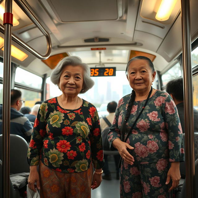 Two very tall elderly Chinese grandmothers wearing colorful leggings, standing inside a bustling city bus