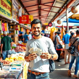 A person standing confidently at a bustling market, exchanging money with a smile, surrounded by colorful stalls selling a variety of goods