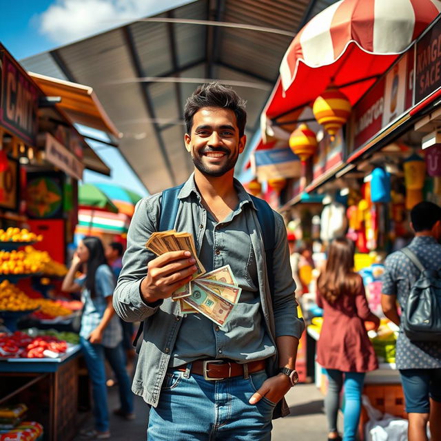 A person standing confidently at a bustling market, exchanging money with a smile, surrounded by colorful stalls selling a variety of goods