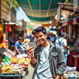 A person standing confidently at a bustling market, exchanging money with a smile, surrounded by colorful stalls selling a variety of goods