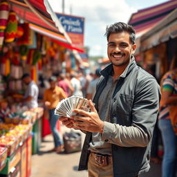 A person standing confidently at a bustling market, exchanging money with a smile, surrounded by colorful stalls selling a variety of goods