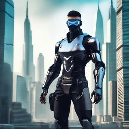 A futuristic cyborg with a prominent eye patch, against a dystopian cityscape backdrop.