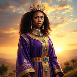 A stunning portrayal of the Black Queen of Sheba, showcasing her regal beauty and command