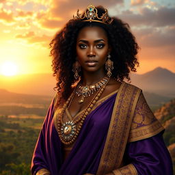 A stunning portrayal of the Black Queen of Sheba, showcasing her regal beauty and command