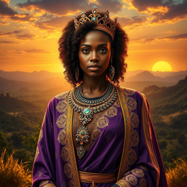 A stunning portrayal of the Black Queen of Sheba, showcasing her regal beauty and command