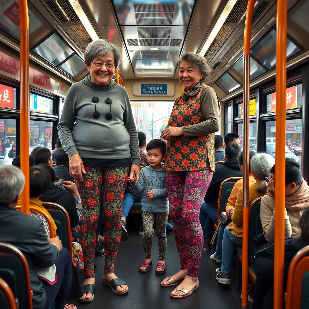 Two very tall giantess elderly Chinese grandmothers in colorful leggings, standing on a crowded city bus