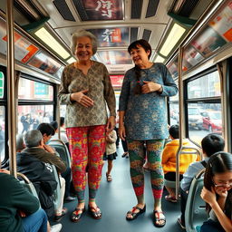 Two very tall giantess elderly Chinese grandmothers in colorful leggings, standing on a crowded city bus