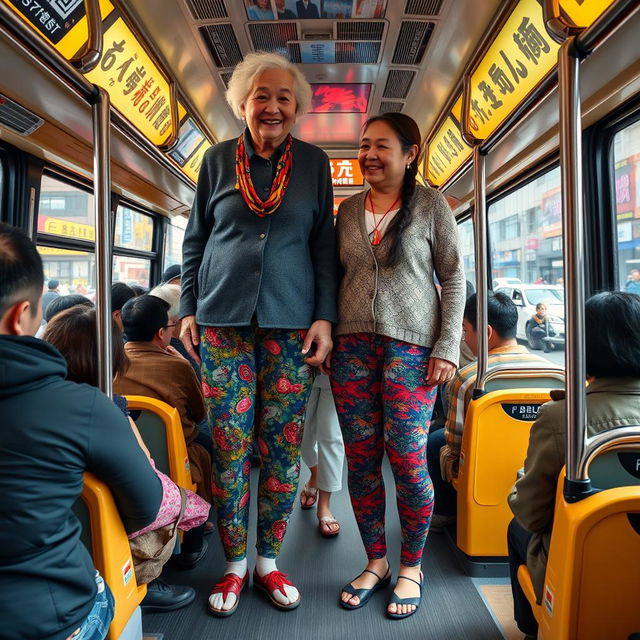 Two very tall giantess elderly Chinese grandmothers in colorful leggings, standing on a crowded city bus